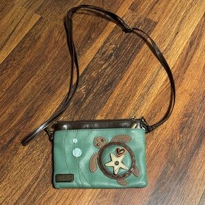 Chala Teal and Brown Turtle Appliqué Crossbody Bag